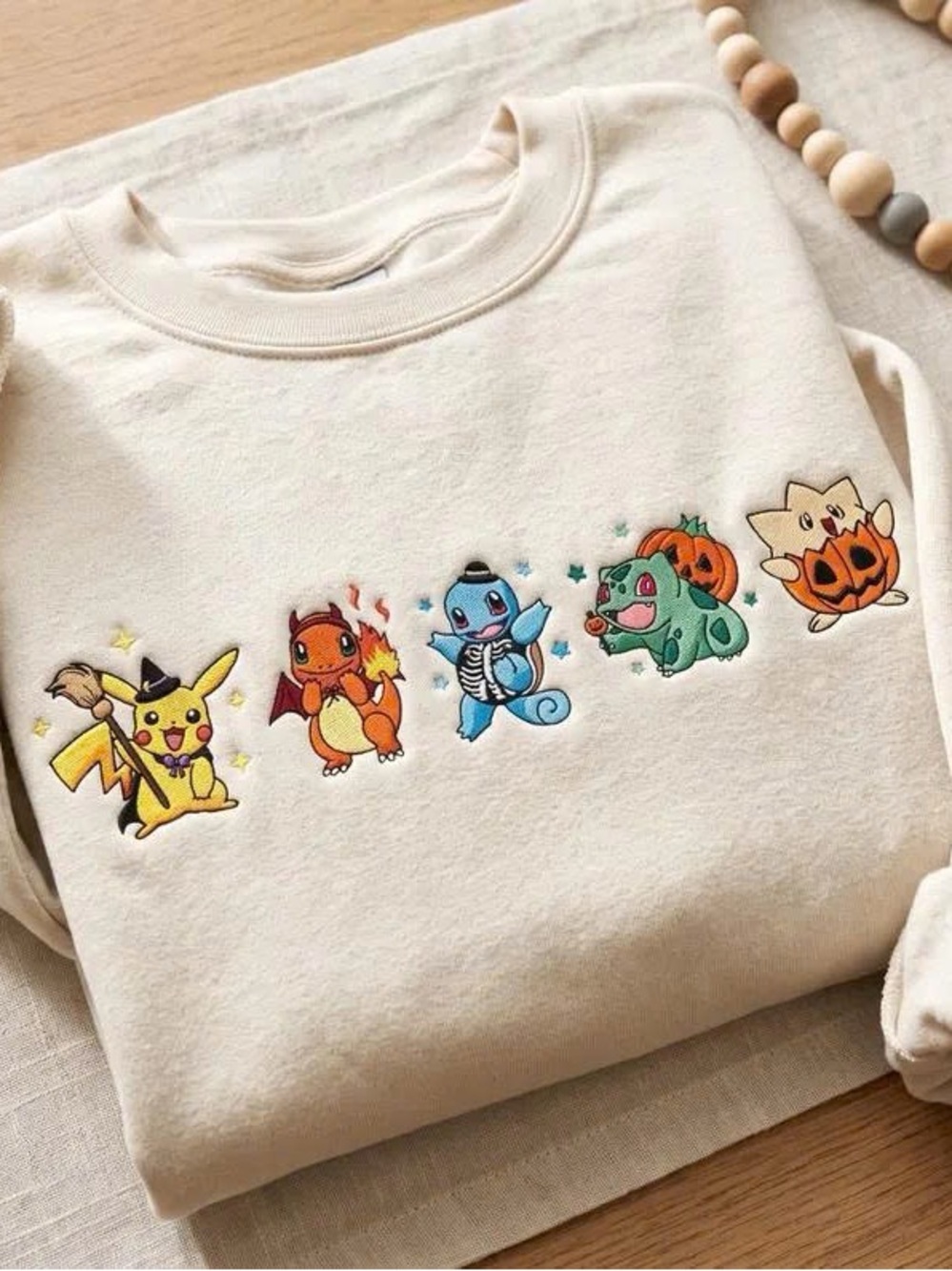 Printed Cream Pokemon Halloween Character Crewneck Sweatshirt